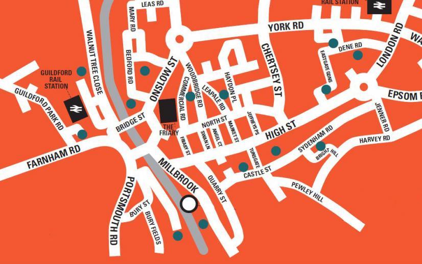 Orange illustrated map of Guildford